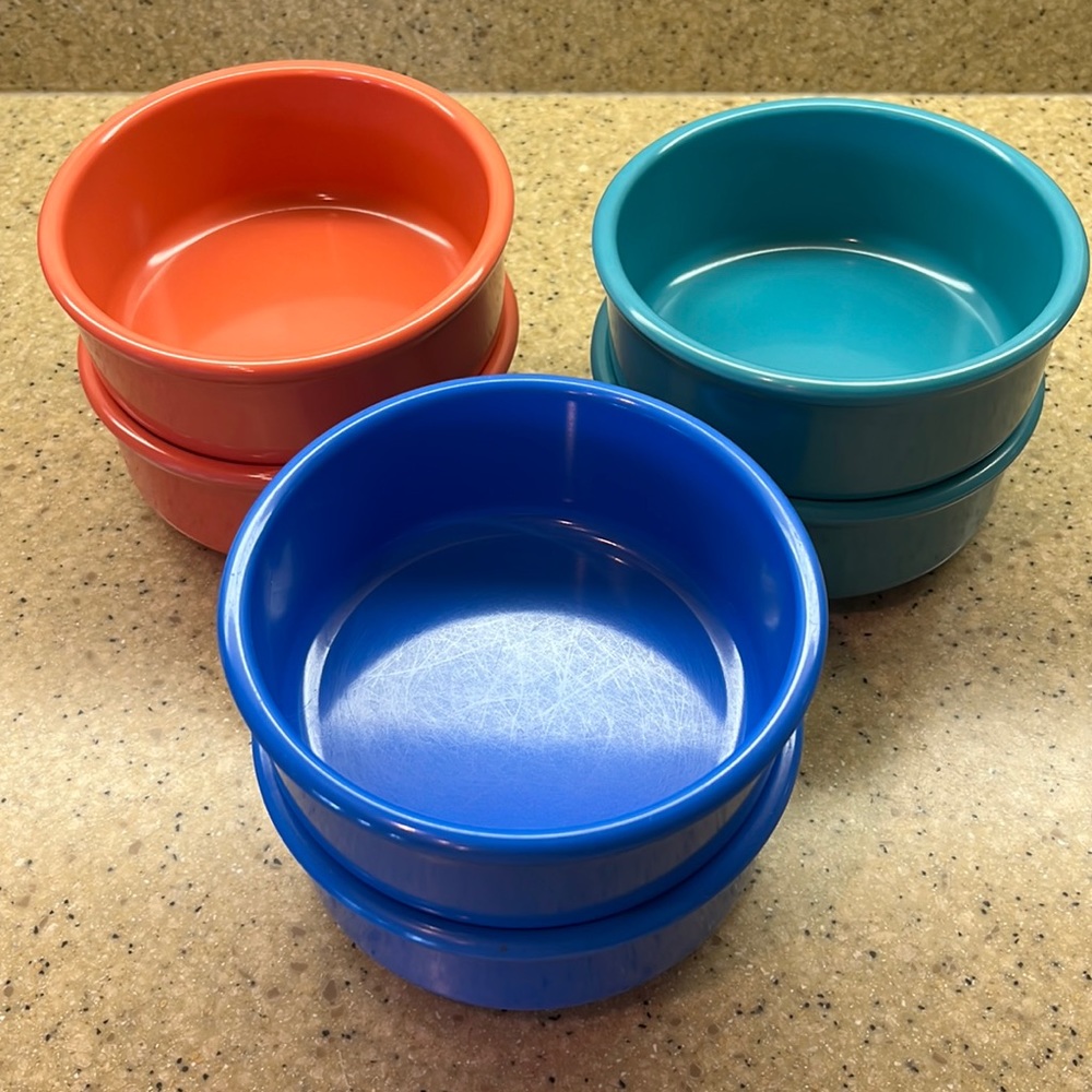VINTAGE 1986 SRO PLASTIC CO. DALLAS 6 JEWEL COLOR MELAMINE BOWLS